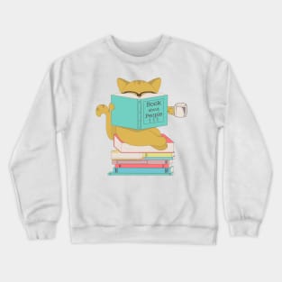 \Cat with glasses drinking coffee or tea and reading book about people Crewneck Sweatshirt